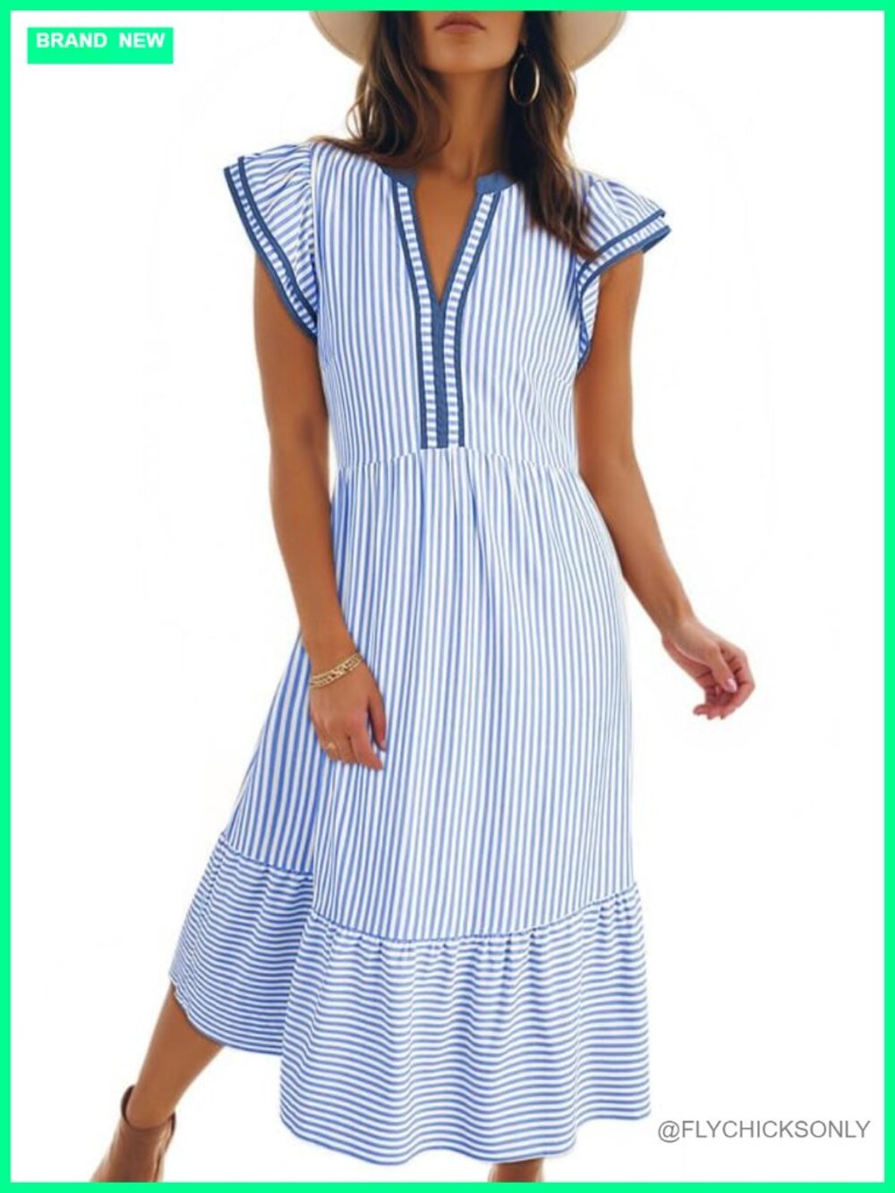 V-Neck Cap Sleeve Empire Waist Midi Dress with Pockets Flowy Casual